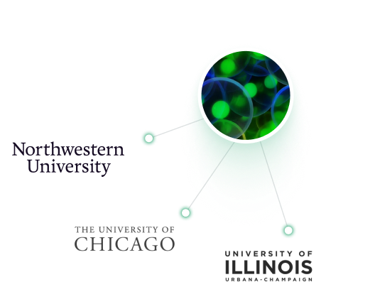 circle pointing to Northwestern University, University of Chicago, and University of Illinois logos