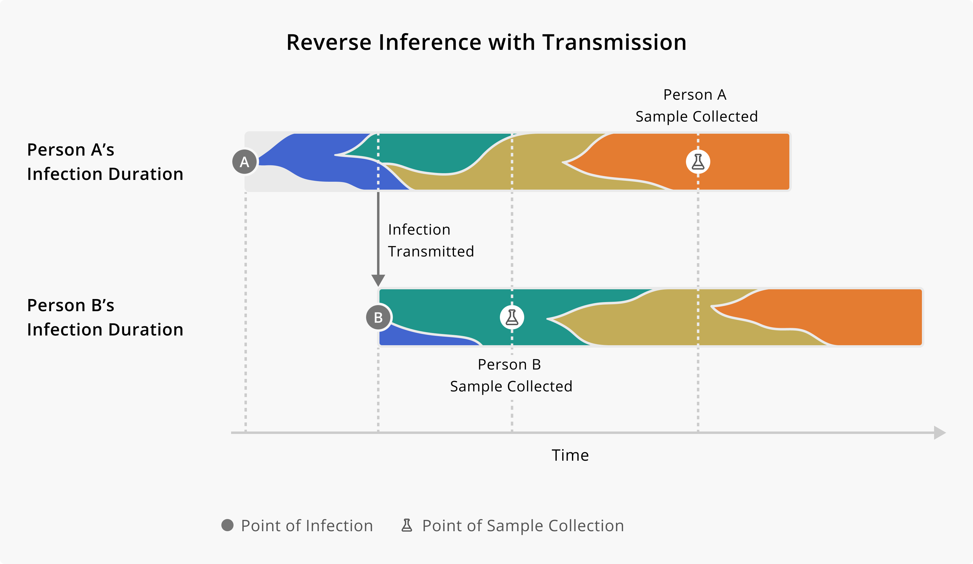 An example of how genetic directionality may not represent transmission directionality. In this example, Person A’s infection is sampled very late in the course of their infection. Indeed, Person A’s sample is collected after they transmitted the infection to Person B, and even after Person B’s infection was sampled and sequenced. In this scenario, the sequence representing Person A’s infection could look as though it is descended from Person B’s infection, even though the true transmission pattern is from Person A to B.