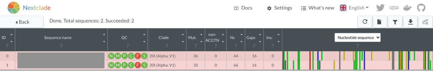 The two B.1.1.7 lineage viruses as visualised in Nextclade (sequence names are intentionally masked). Notably, all quality metrics show that the sequences are of high quality, except for the “F” metric, which indicates that a frameshift mutation has been detected. The sequence view shows that the two sequences share many SNPs, but also have some unique SNPs that are not found in the other sequence.