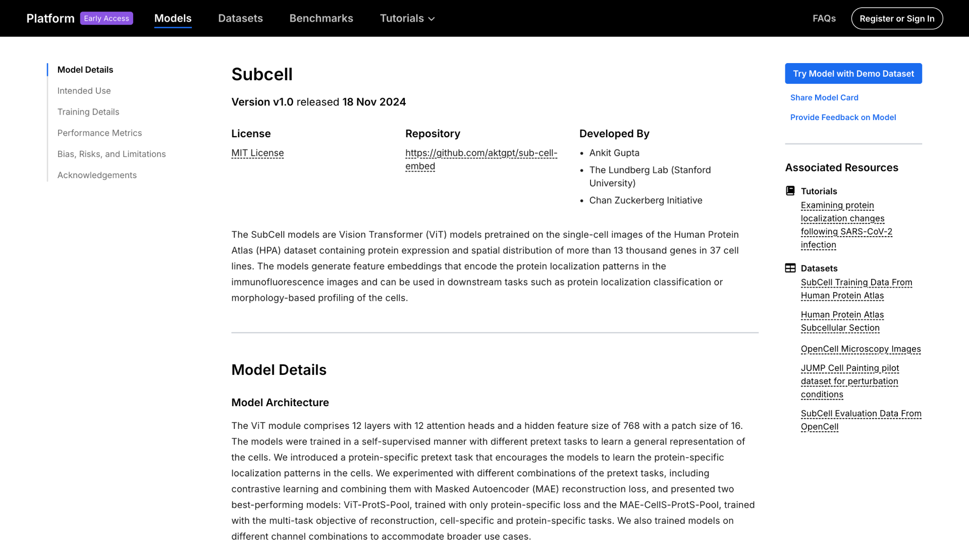 Screenshot of a model card for SubCell.