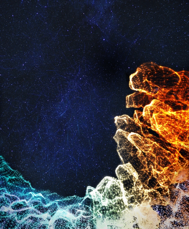 A vividly colorful image of red, orange, yellow, green and blue bursts on a black and blue sky-like background.